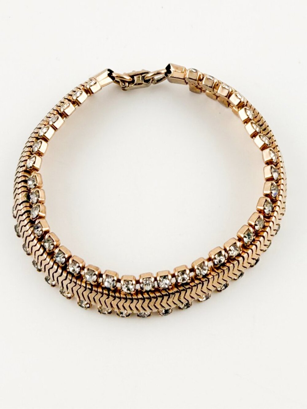 Vintage Gold Tone Rhinestone Herringbone Chain Double Row Tennis Bracelet 7"